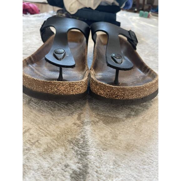 Birkenstock Size 39 Gizeh Birko Flor Sandals Black Leather Buckle Preloved - Picture 6 of 11